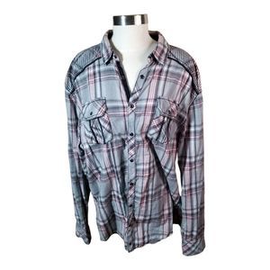 Buckle BLACK Brand Button Up Pearl Snaps Plaid Shirt Top Athletic Fit Sz XXL